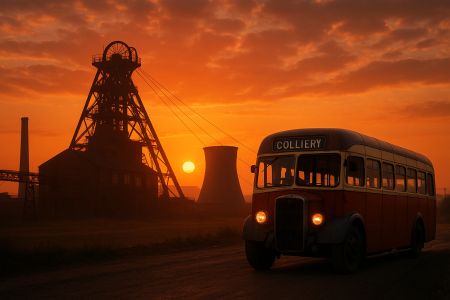 A ChatGPT generated image of a vintage bus and colliery at sunset